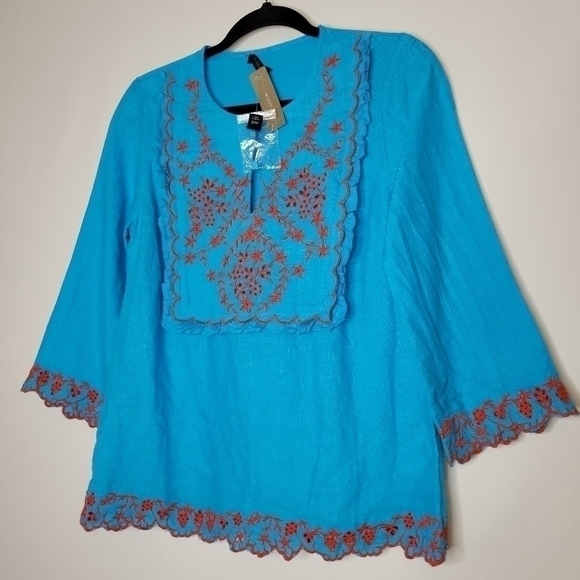 J. Crew Embroidered Linen Tunic Monaco Blue - Picture 4 of 12